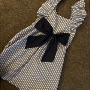 Girls Blue & White Stripe Ruffle Tunic Top w Bow | Size 130 (US 7–8)